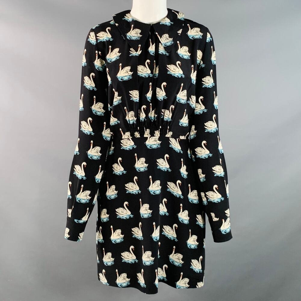 STELLA McCARTNEY 2016 Size 2 Black White Blue Silk Swans Point Collar Dress